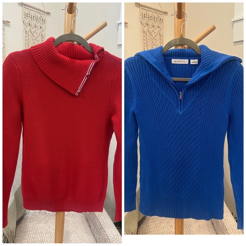 Liz Claiborne Cotton Sweater Bundle | Red Button Collar + Blue Zip Neck, Small